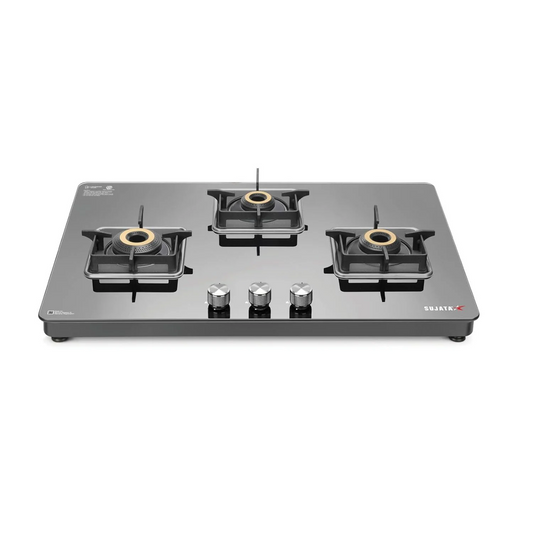 Sujata Premium 3 Burner Gas Stove | Auto Ignition | 8mm Glass Top | 9 Yr Warranty