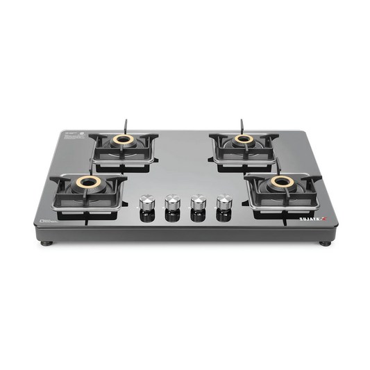 Sujata 4 Burner Gas Stove Glass Top | 9 Years Warranty | Premium Gas Stove with Jumbo Brass Burners | SABAF Technology | ISI Certified | LPG & PNG Compatible | Manual (Black)