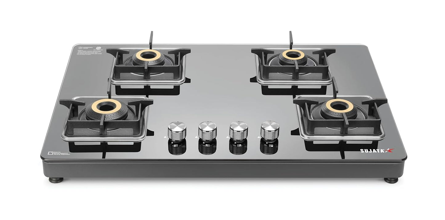 Sujata Sujata Premium 4 Burner Gas Stove | Auto Ignition | 8mm Glass Top | 9 Yr Warranty