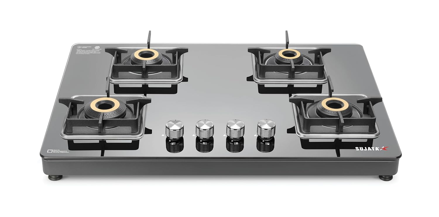 Sujata Sujata Premium 4 Burner Gas Stove | Auto Ignition | 8mm Glass Top | 9 Yr Warranty